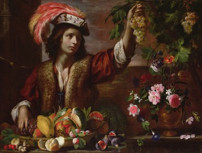 Giovane uomo con cappello piumato e natura morta da Michelangelo Cerquozzi